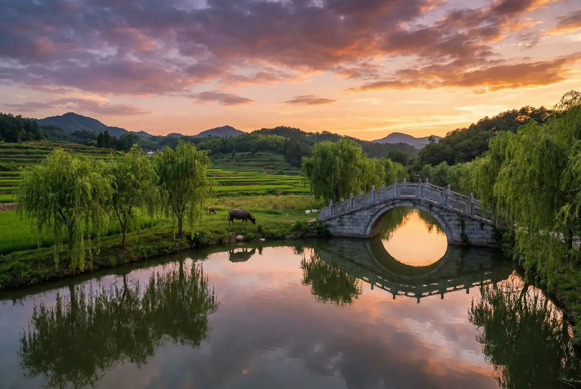夕阳下的石拱桥与垂柳，水牛在河边吃草 - 怎么才能找到聂小雨黑色皮衣视频 乡村美景